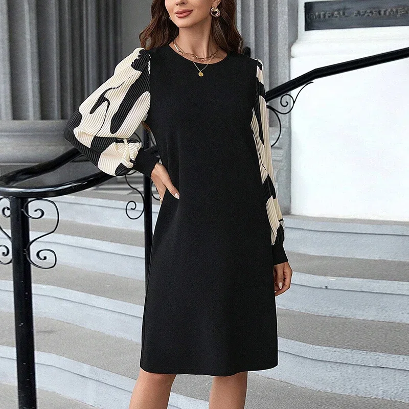 Elegant Dress Ladies O Neck Pleated Design Sleeve Long Sleeves Party Dress Woemn Fashion Midi Dress Boho