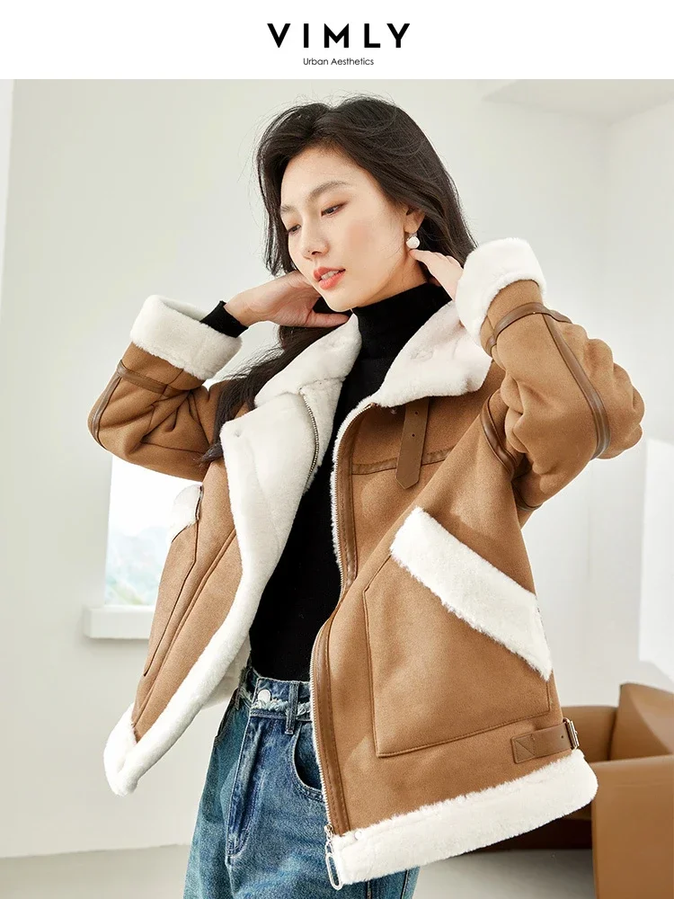 Vimly Double Faced Faux Fur Jacket 2023 Lapel Zipper Long Turn-up Sleeve Contrast Faux Shearling Female Winter Warm Coat 50713