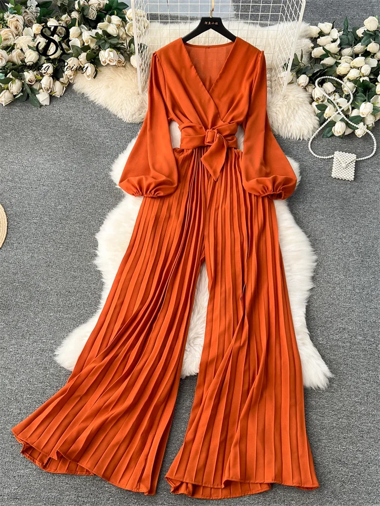 

Women Fashion Sexy Elegant Jumpsuit Spring Long Sleeved V-neck High Waist Loose Wide Leg Fold OL Jumpsuit