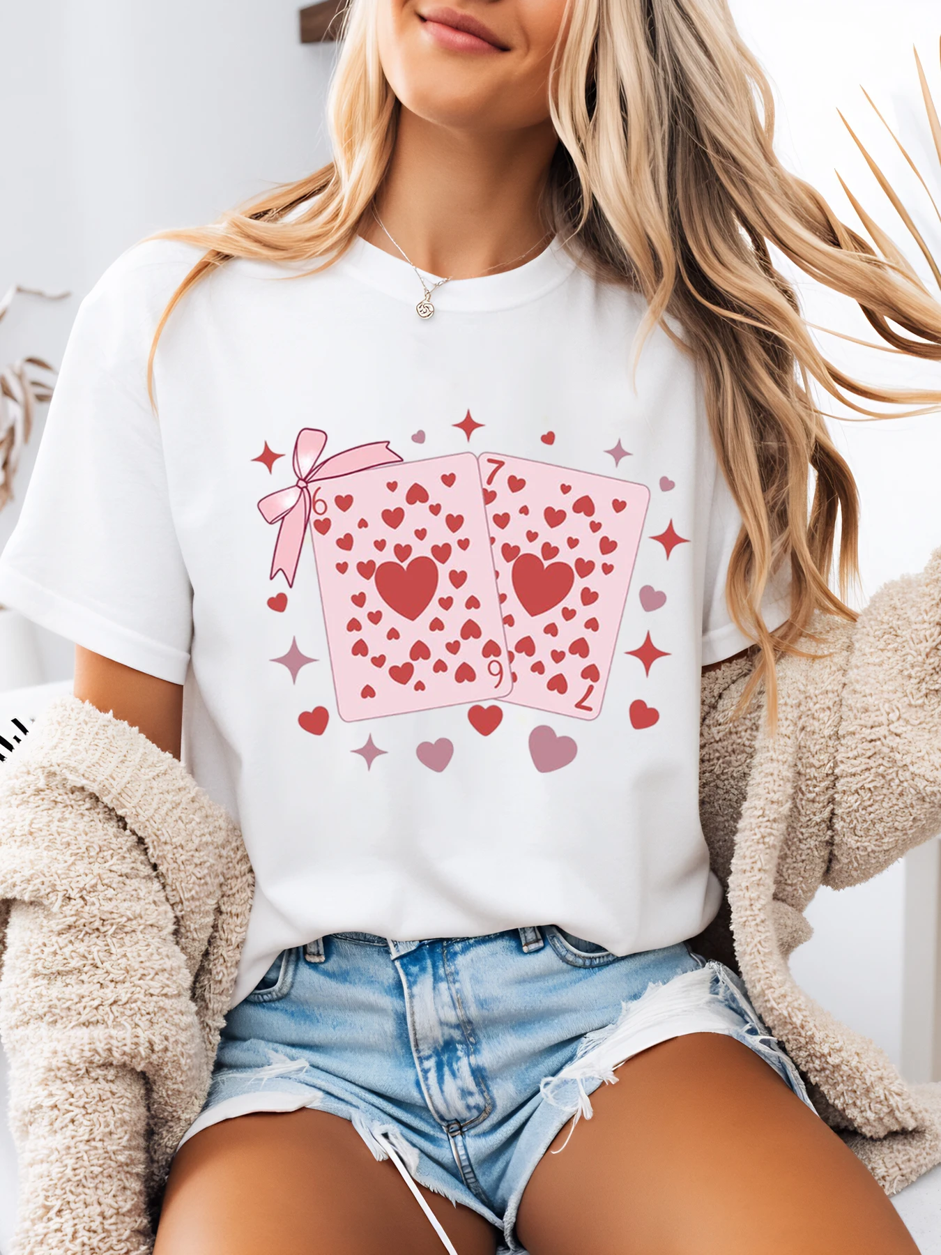 Herz-Spielkarten-Aufdruck, Valentinstags-T-Shirt, Damen-Freizeitkleidung für Party und Date, Weiß, Übergröße