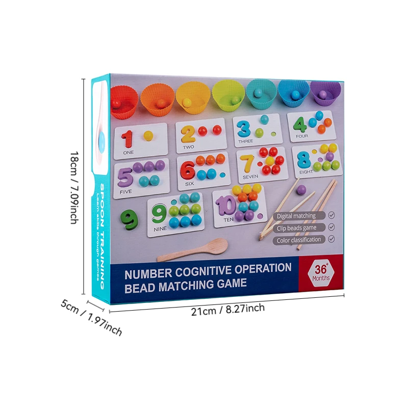 Jogo de correspondência de números de madeira inspirado, brinquedo educacional com contas coloridas e símbolos matemáticos, inclui forros e lápis de cupcake