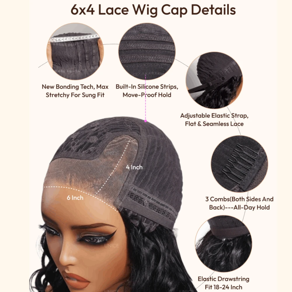 UNice Side Part Water Wave Bob Wig 220% Density Pre Cut Pre Bleached 6x4 Minimalist Lace Wigs 100% Human Hair Wig For Beginners