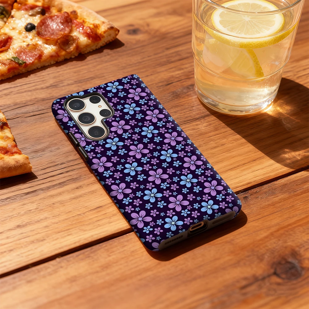 Blauwe en paarse bloemen telefoonhoesje voor Samsung Galaxy S25 Ultra S24 S23 Ultra Plus schokbestendige dubbellaagse achterkant