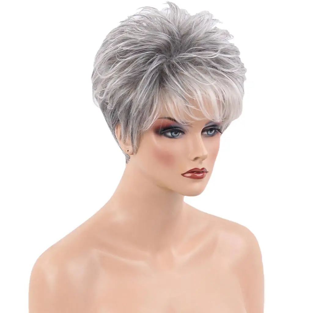 Fashion Women Straight Short Wigs Human Hair Full Wig With Gray