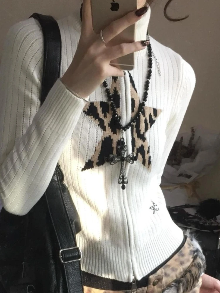

Leopard Star Jacquard High Collar Zipper Knit Sweater Coat Women Top American Retro Beige Slim Cardigan Autumn Winter Outerwear