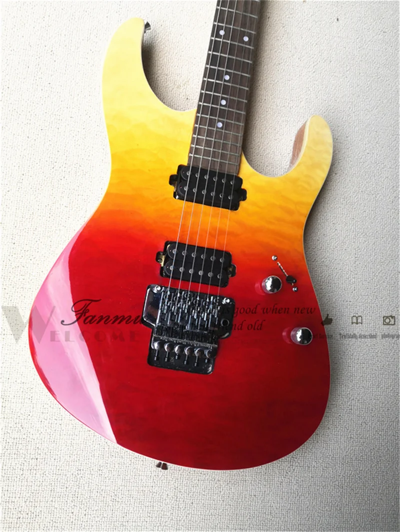 6 String Electric Guitar, Suh Guitar, Yellow Red Squilted Maple Veneer Mahogany Body, One Piece Wood Neck, Locked Buttons,