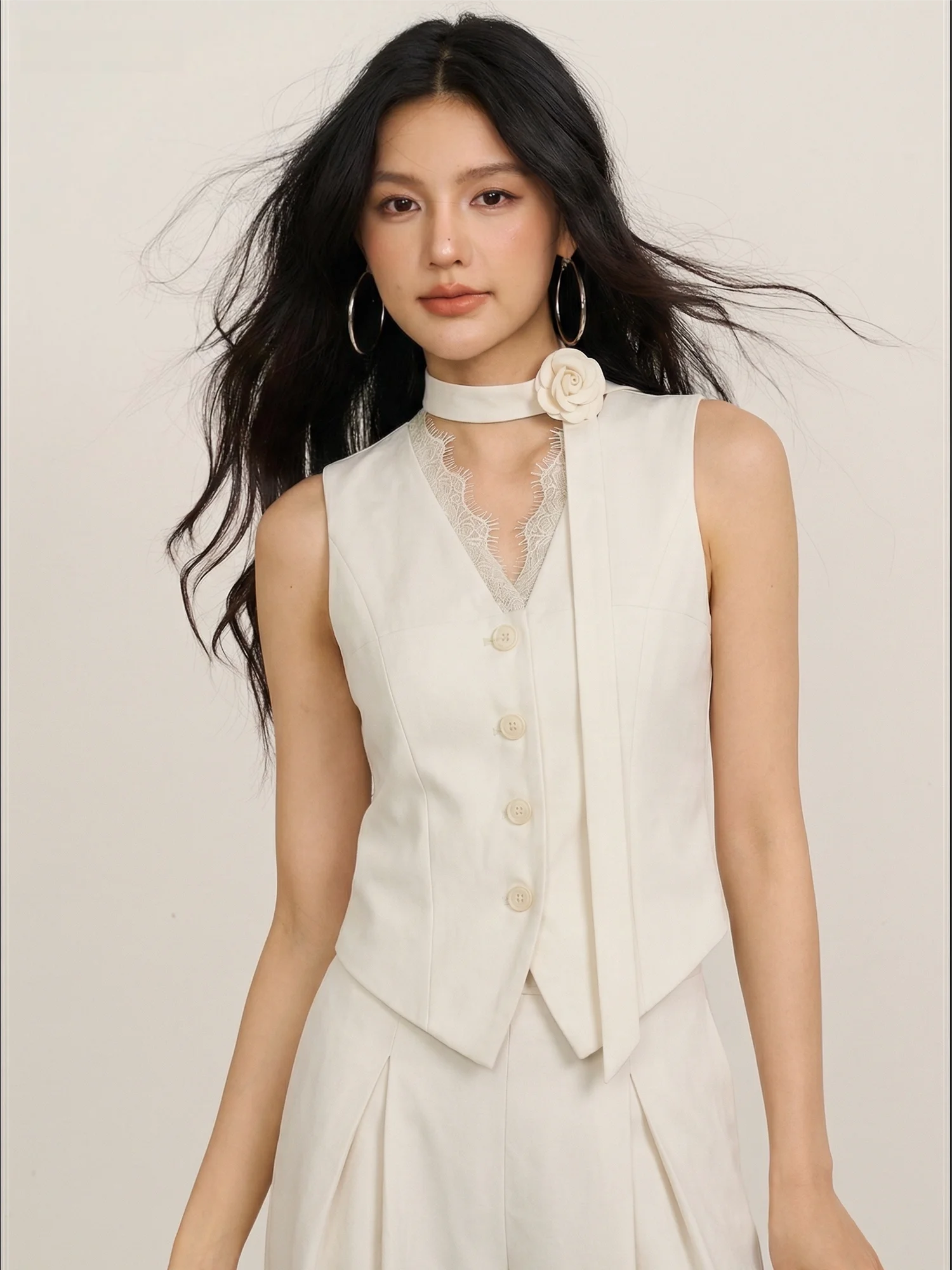 

Chill Zoey Lace Trim Sleeveless Vest Wide Leg Pants Women's Draped Wide Leg Pants New 2026 Casual Style Two-Piece Set