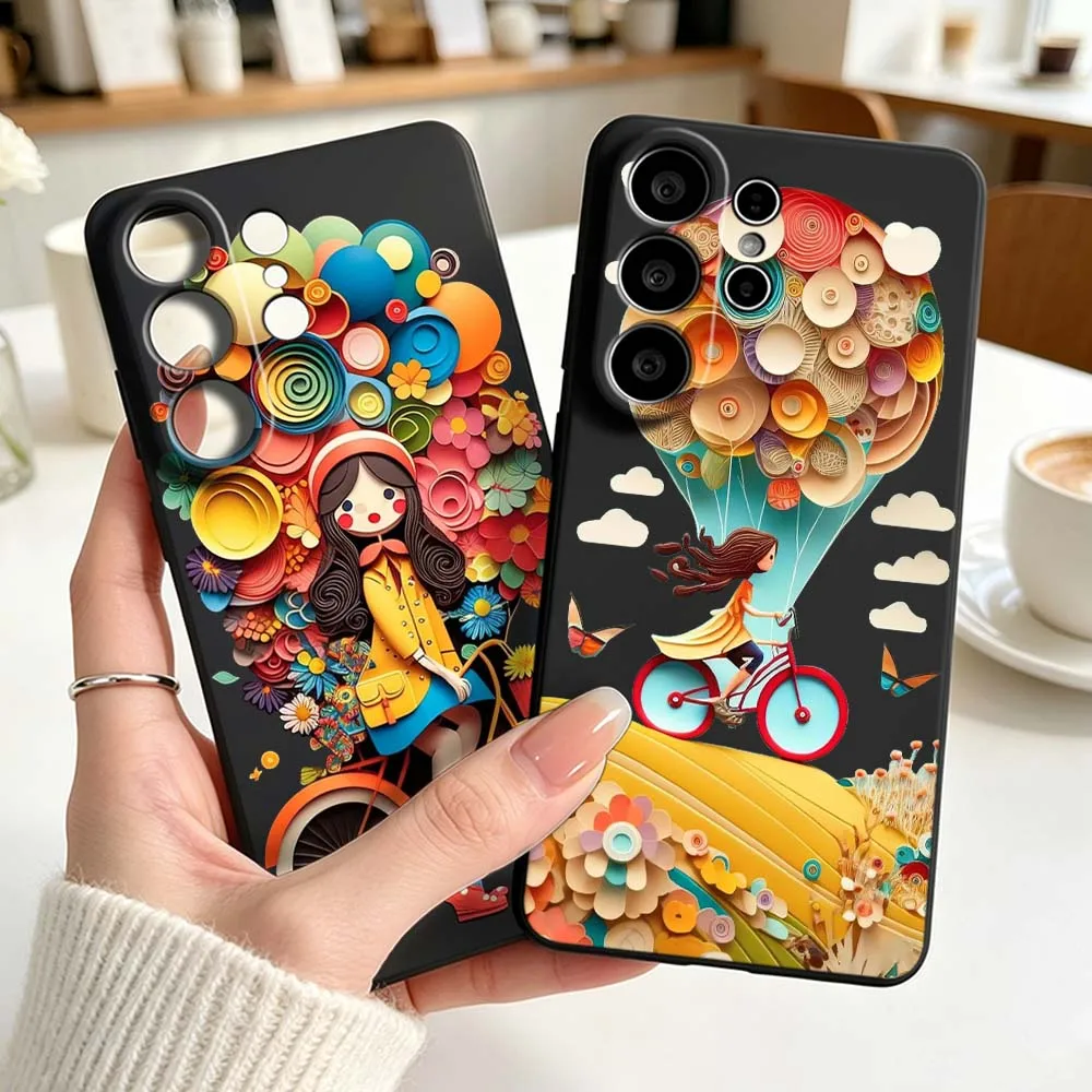 Balloon Girl Colorful Pattern Phone Case For Samsung Galaxy S26 S25 S24 S23 S22 S21 S20 Pro Ultra Plus FE Black Silicone Cover