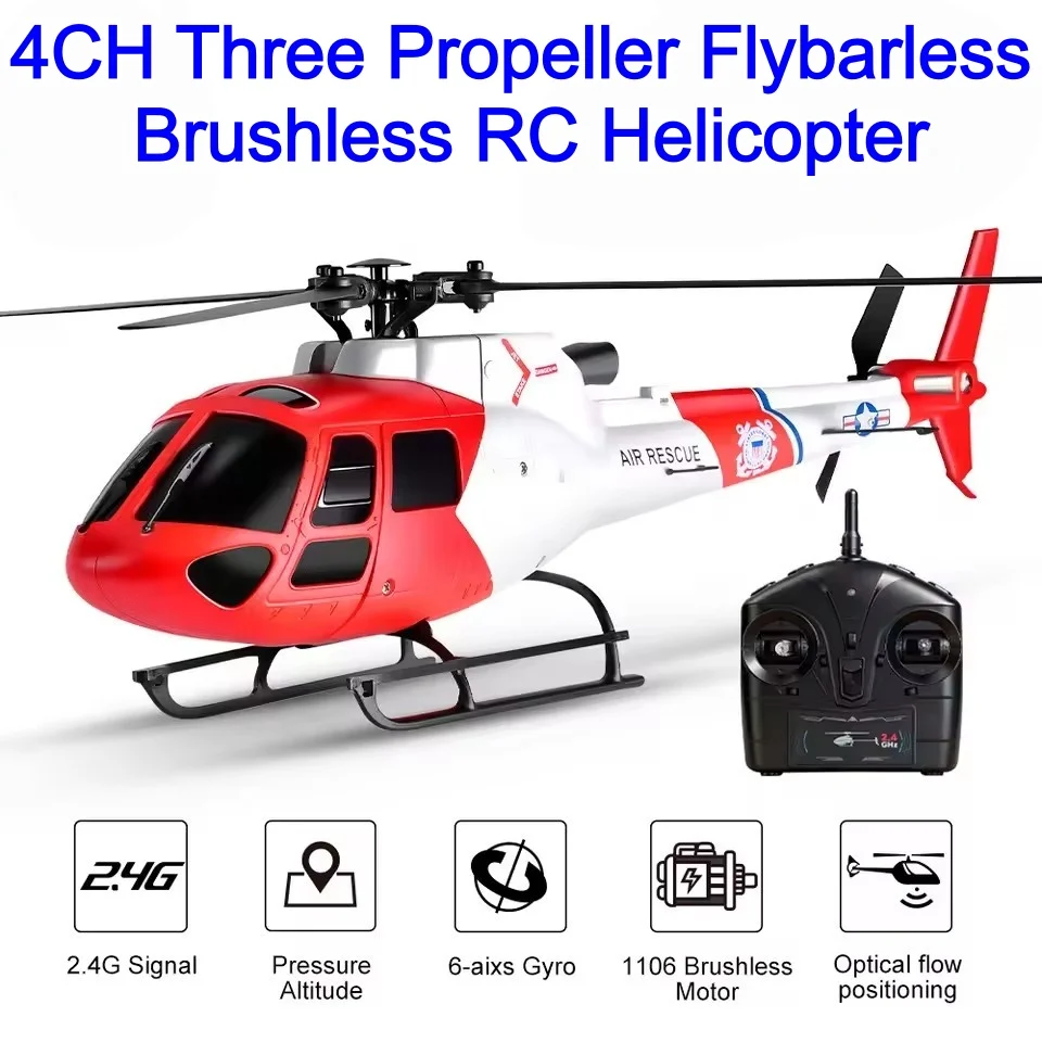 Brushless Motor RC Helicopter 6G Mode Three Propeller Flybarless Remote Control Helicopter 4CH Optical Flow Hover RC Airplane