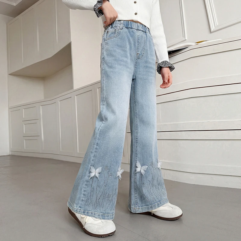 2026 summer children's denim bell bottoms autumn butterfly girls' wide leg jeans spring boys' travel sports pants