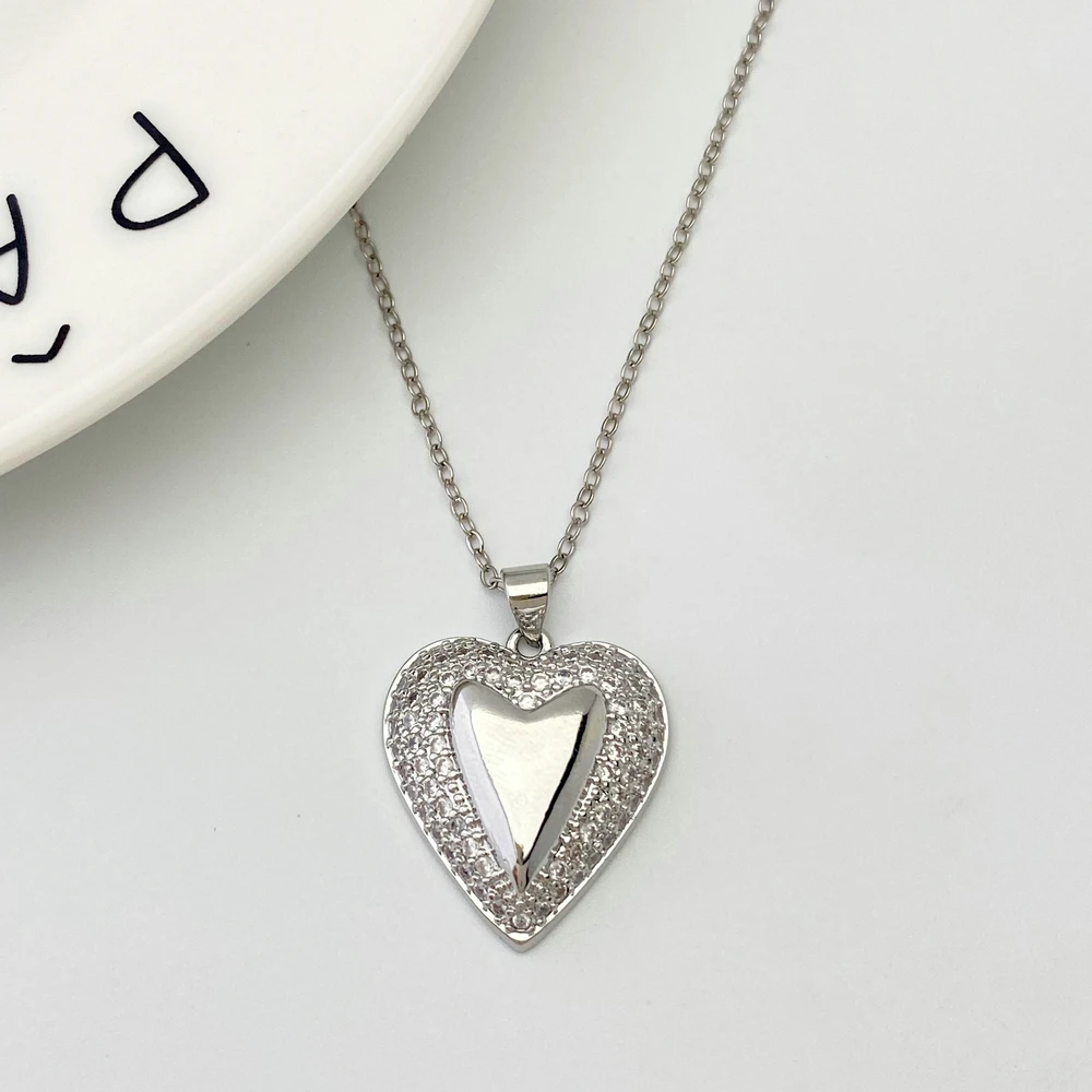 Fashion Clear Zircon Pave Silver Plated Heart Charms Necklace Jewelry Gift