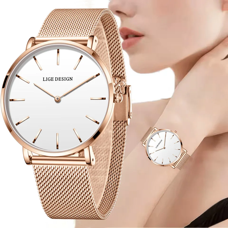 

2026 LIGE New Elegant Bracelet Watch For Women Fashion Ultra Thin Mesh Ladies Waterproof Watches Simple Sport Quartz Watch Femme