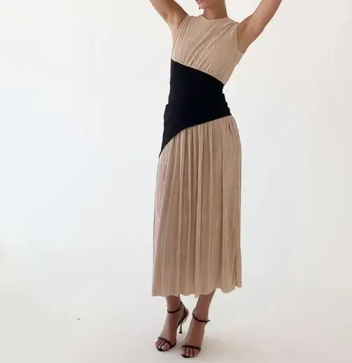 

Summer New Pleated Skirt Irregular Black Patchwork Sleeveless Skirt for Women, Fashionable Design Sense, Waist Cinching Dress