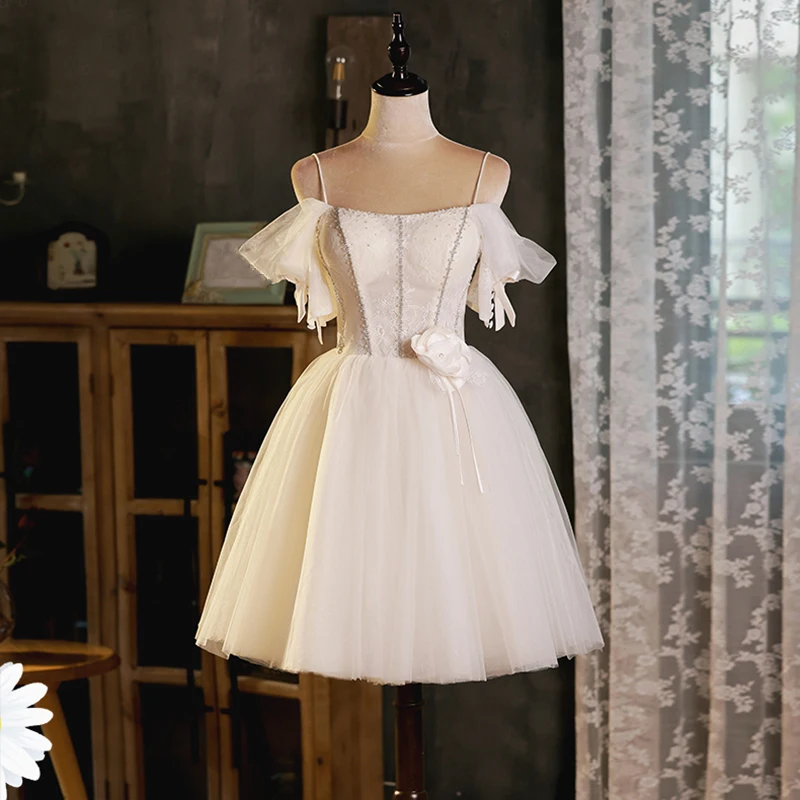 AnXin SH Prinzessin weiße Rose Blume Spitze Spaghettiträger Party Perlen Kristall kurzes individuelles Abendkleid kleines weißes Kleid