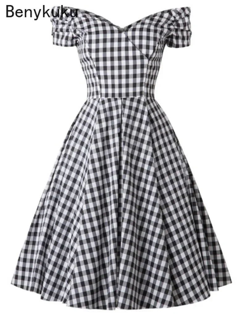 England Style Off  Shoulder Black Plaid Dress Retro Vintage 50s Rockabilly Pin Up Casual Party Dresses Plus Size Women Clothing