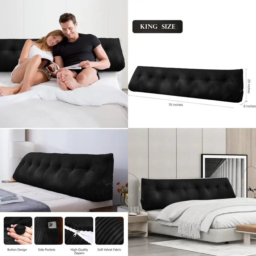 

Подушка для чтения King Size, треугольная подушка для поддержки спинки, 76x8x20 дюймов, черная