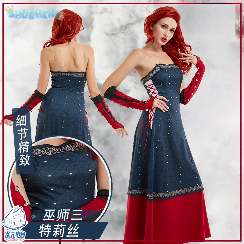 Game Witcher 3：Wild Hunt Triss Merigold Cosplay Costume Party Halloween Women's Sexy Dress Glove Uniform Complete Set