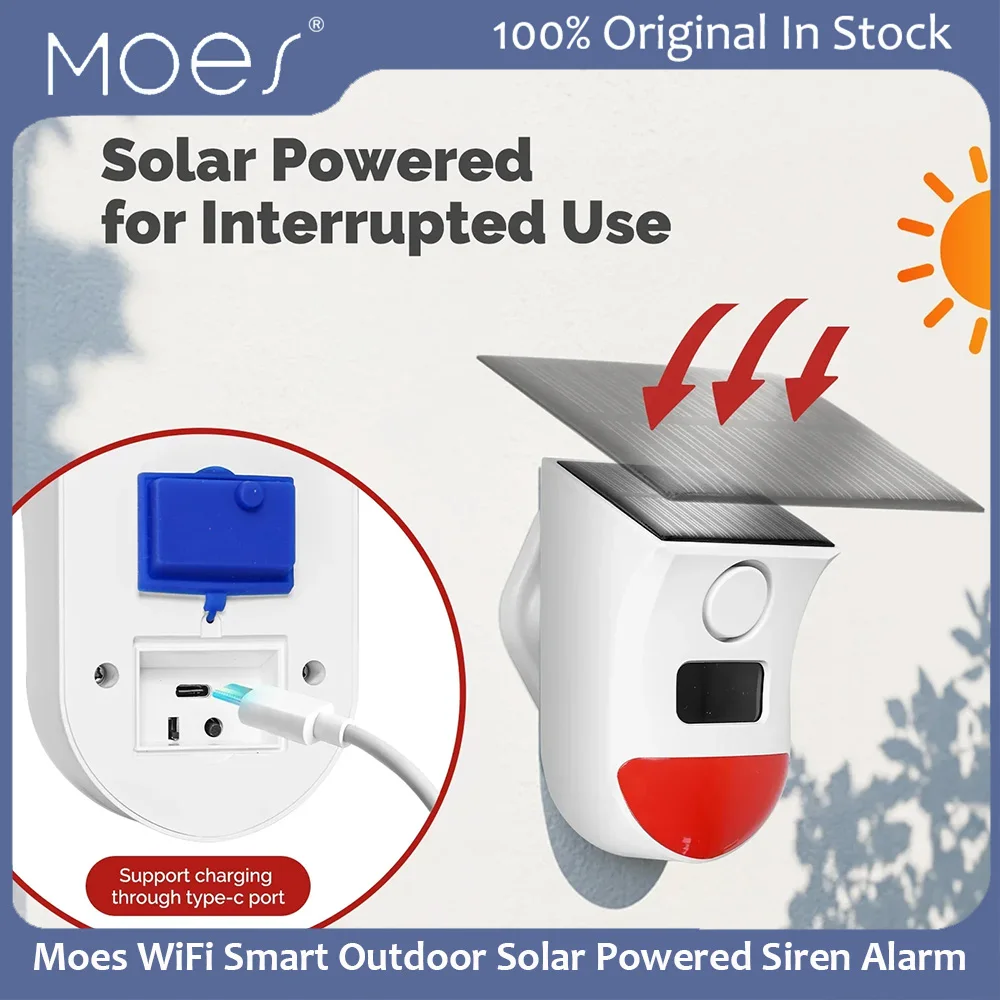 Moes Tuya WiFi Smart Outdoor Solar Powered ​Siren Alarm Light & Sound Alarm PIR Sensor, IP65 Waterproof PIR Motion Detection