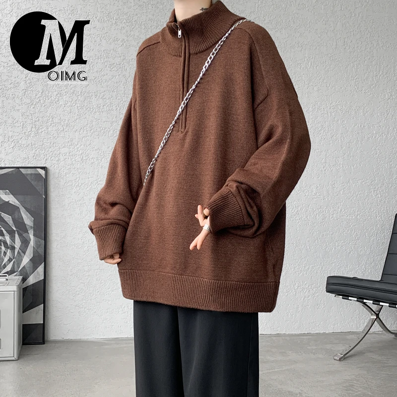 [OIMG] Half Zipper Stand Up Collar Sweater Men's Large Loose Knitted Thread Top Coat