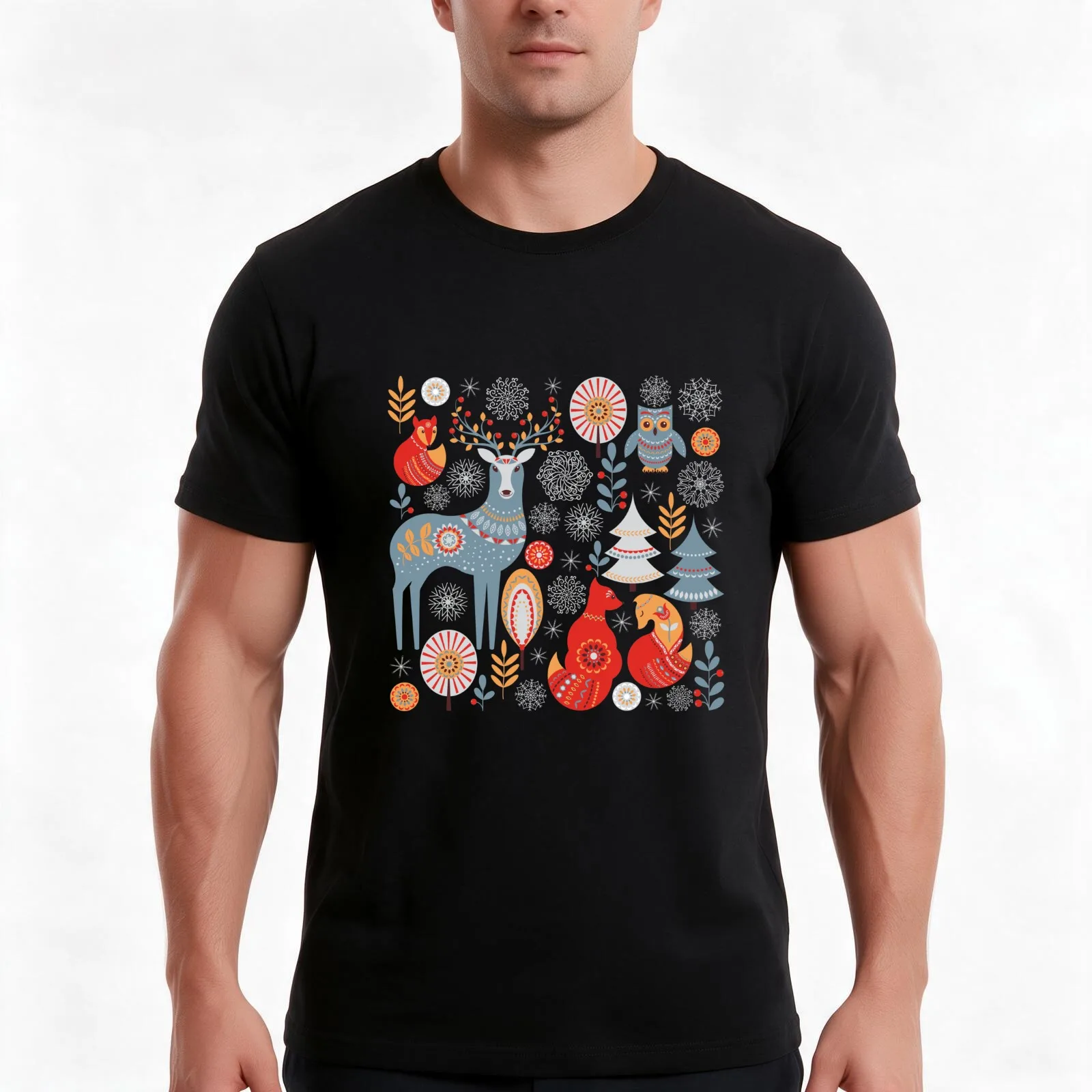 Scandinavian Christmas pattern on a red background. Deer, owls, foxes, trees and grass, snowflakes. Folklore style. T-Shirt