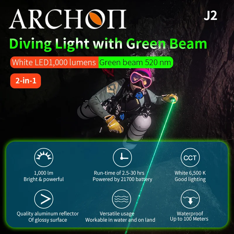 J2 Green beam diving light 2 in 1 6500K Dive flashlight Underwater Diving coach command lights Free diving night diving lighting