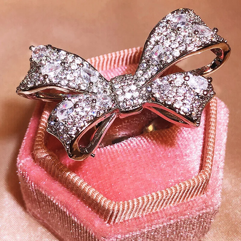 

Luxury Sparkling Oversized Butterfly Full Diamond Couple Ring For Women Opening Adjustable Geometric Bow Engagement Jewelry