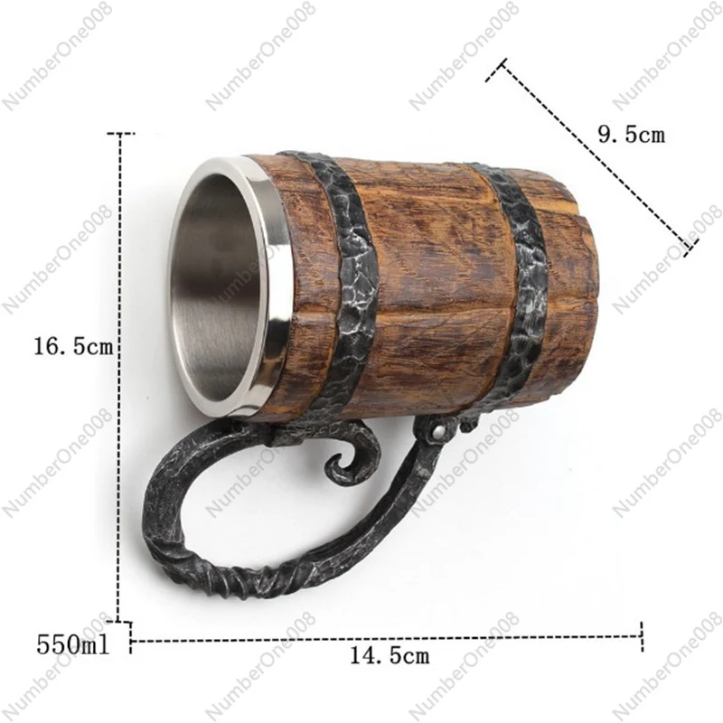 Bar Beer Cup Simulation Wood Cup Stainless Steel Liner Mug Large Handle Log Modeling Water Cup