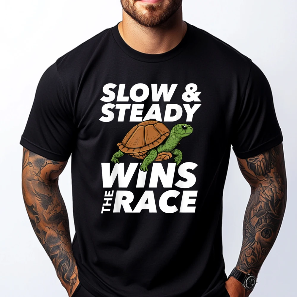 

Slow Steady Wins The Race Cute Tortoise Beach Sea Turtle Green And White Graphic T Shirt Streetwear Men