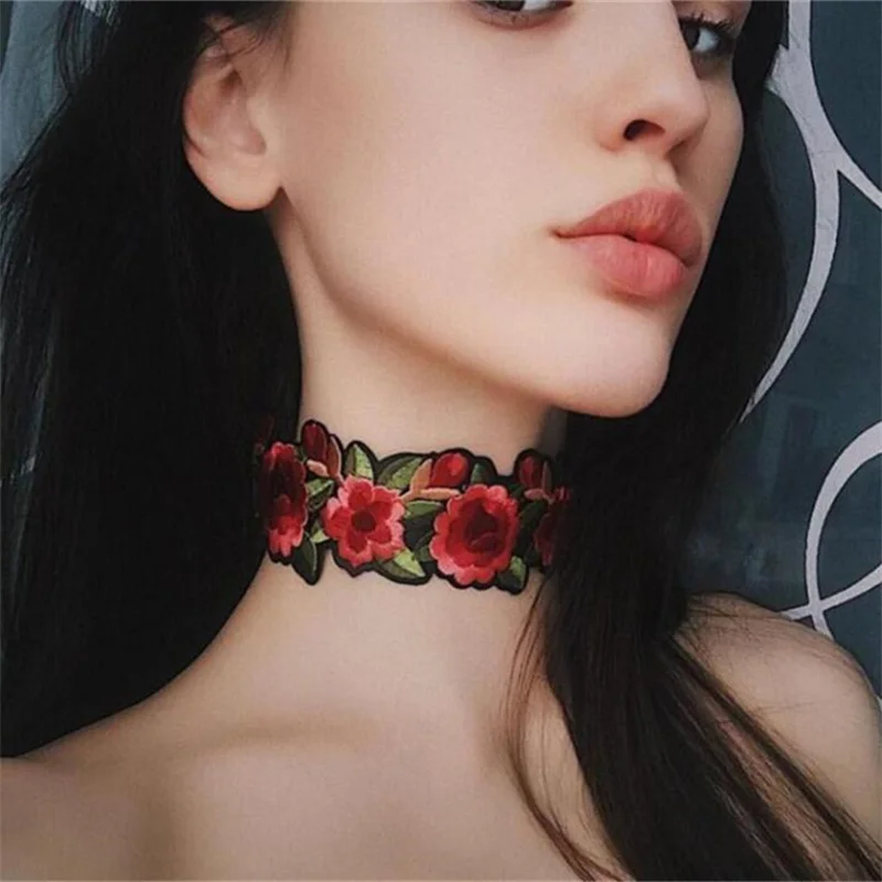 Romantic Big Rose Flower Choker Necklace Sexy Adjustable Embroidery Necklaces Clavicle Chain Women Wed Bridal Jewelry Accesorios