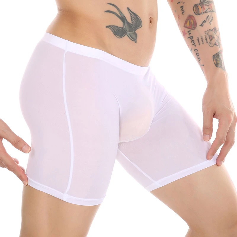 Мужские бесшовные цельные трусы-боксеры из ледяного шелка, прозрачное нижнее белье, длинные ноги, анти-натирающие сексуальные удобные прозрачные трусы