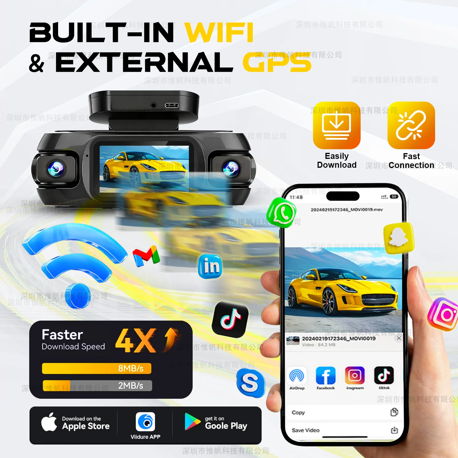 Kamera samochodowa 4CH 4K z GPS, przednia kamera 4K, 2K+3*1080P, kamera 360 °   Monitorowanie parkowania Sterowanie przez aplikację WiFi Noktowizor Nagrywanie w pętli 24h Rejestrator samochodowy DVR