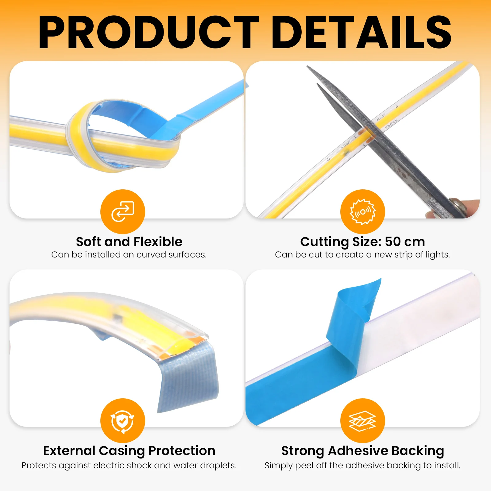 110V 220V COB LED Strip 288Leds/m 50cm Cut Flexible LED Tape 3000K 4000K 6000K Waterproof Ribbon Diode Outdoor Garden Lighting