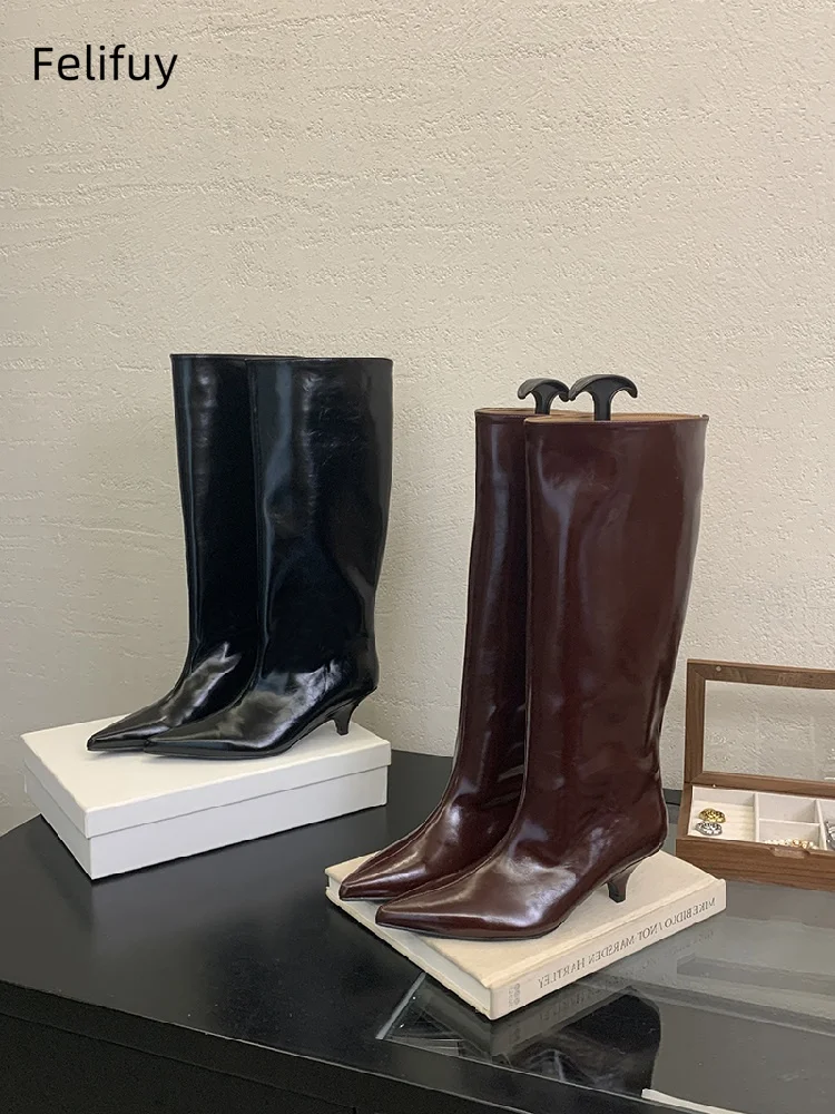 

Женская обувь без шнуровки, современные женские сапоги до колена на низком каблуке, модные женские длинные ботильоны в стиле вестерн с острым носком