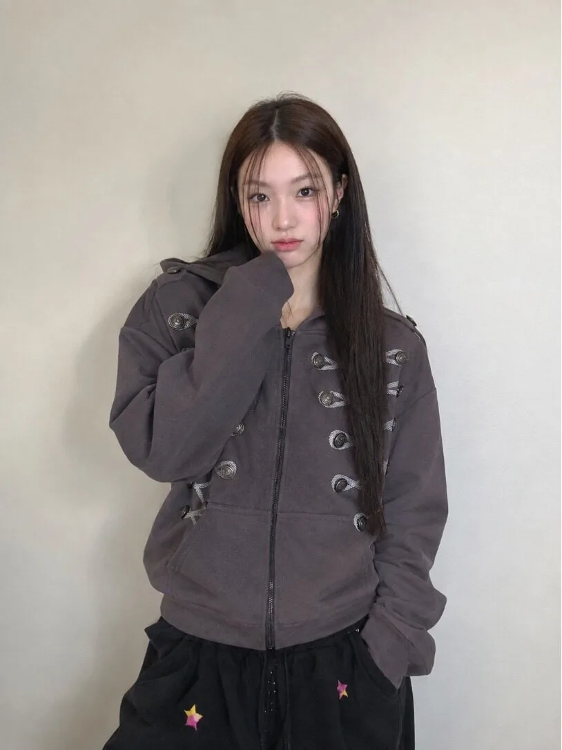 Korean Style Fleece Lined Hoodie Jacket Rope Buckle Napoleon Shoulder Print Casual Loose Fit Women's Sweatshirt Outerwear