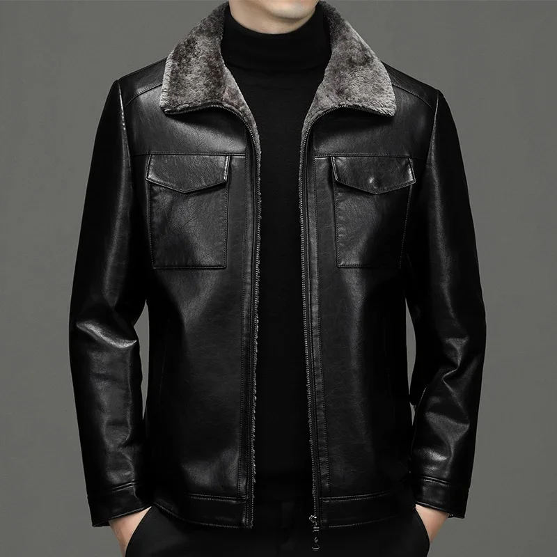 Winter 2024 New Leather Coat Fleece-Lined Thickened Fur Integrated Warm Fashion Casual Men 'S Jacket