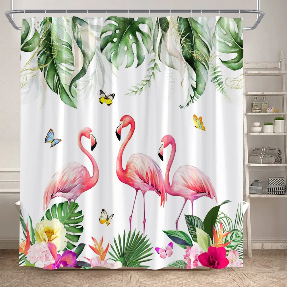 Flamingo Shower Curtain Tropical Jungle Plant Butterfly Lotus Flower Green Leaves Bathroom Curtains Fabric Home Decor with Hooks