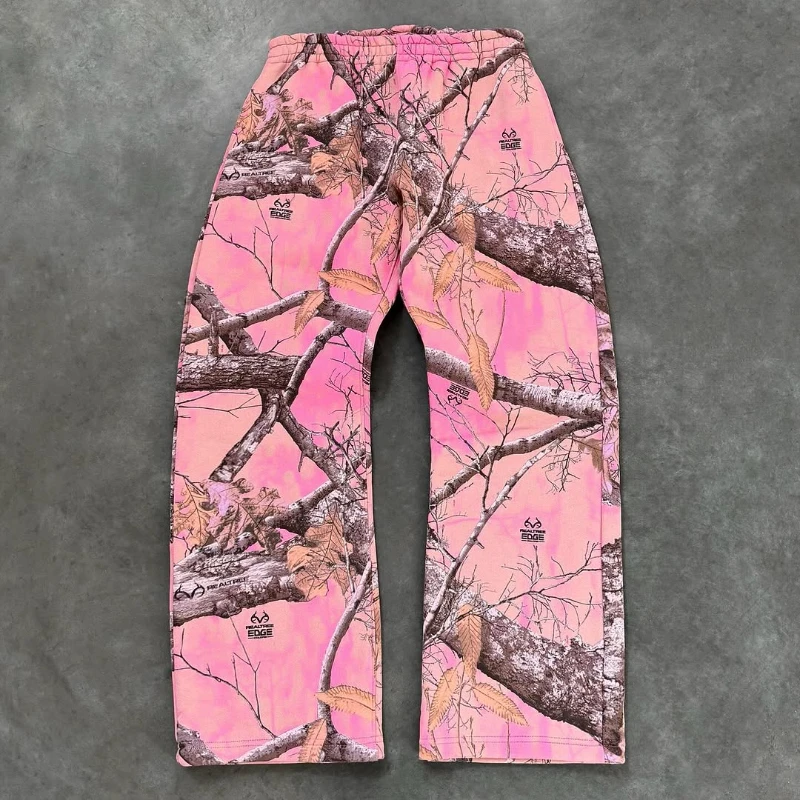 Streetwear Pink Camouflage Graphic Two-piece Set Men Y2K Harajuku Pullover Zipper Hoodie Loose Sweatpants Casual Baggy Pants New