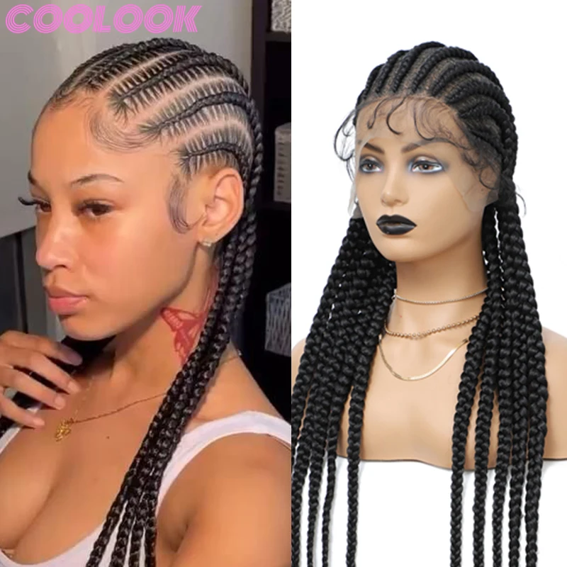 Black Full Lace Front Braided Wig Knotless Natural Box Braiding Frontal Wig with Baby Hair 36 Inch Synthetic Cornrow Braids Wig