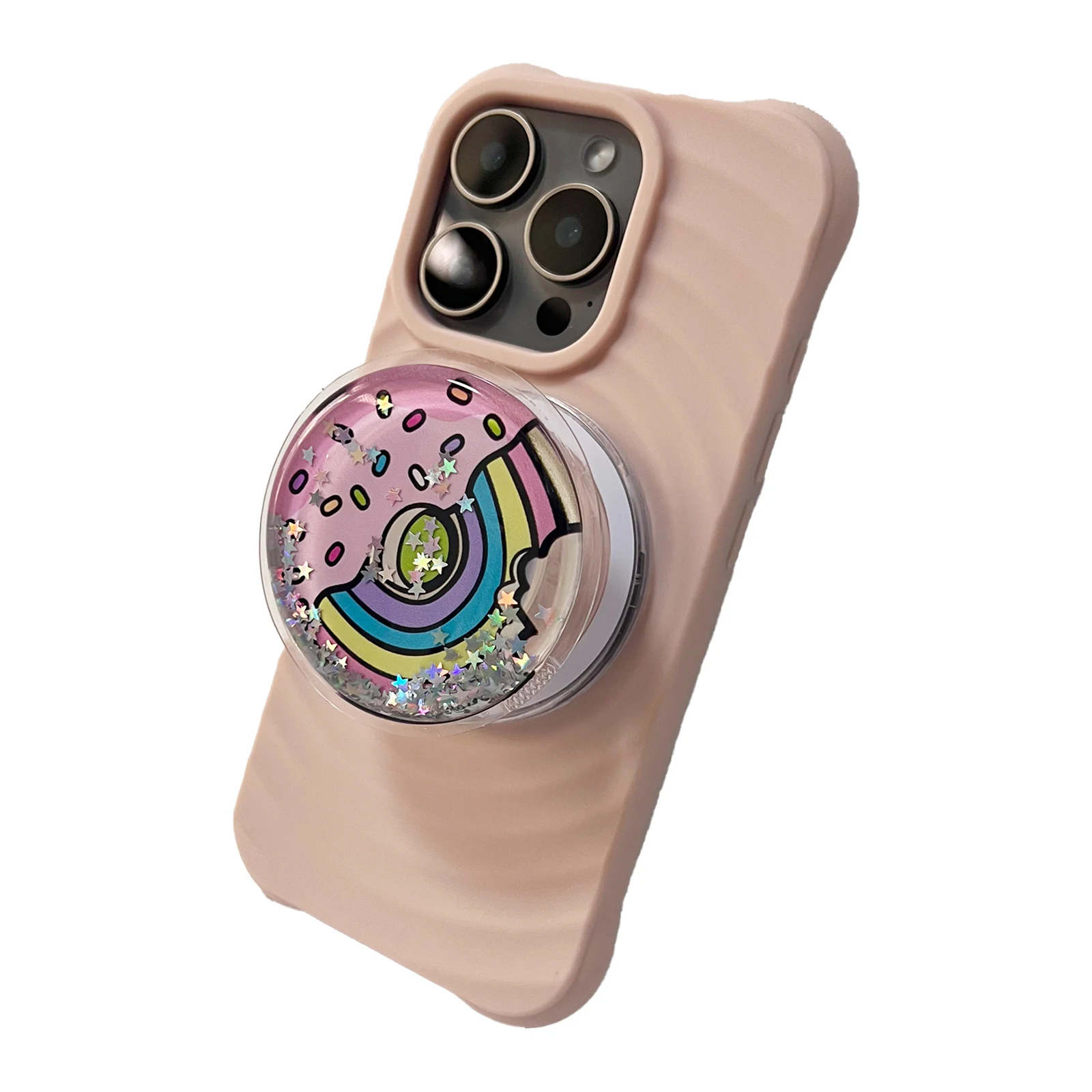 

Cute Glitter And Quicksand Rainbow Donut Phone Holder Grip Tok Phone Case Stand Support For iPhone17 iPhone16 Pro Max Samsung