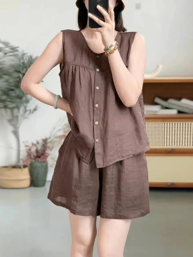 

Summer Cotton Linen Set Women Casual Sleeveless Belly Covering Slimming Wide Leg Shorts Two Piece Set plus Size Fashion