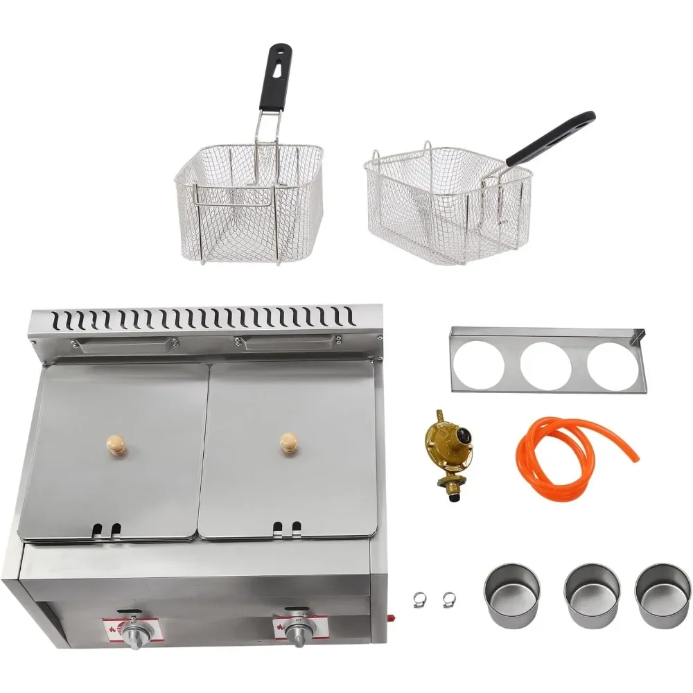 Stainless Steel Countertop Gas Fryer,10L*2 LPG Gas Deep Fryer Countertop Commercial Dual Tank Kitchen Fat Fryer Machine