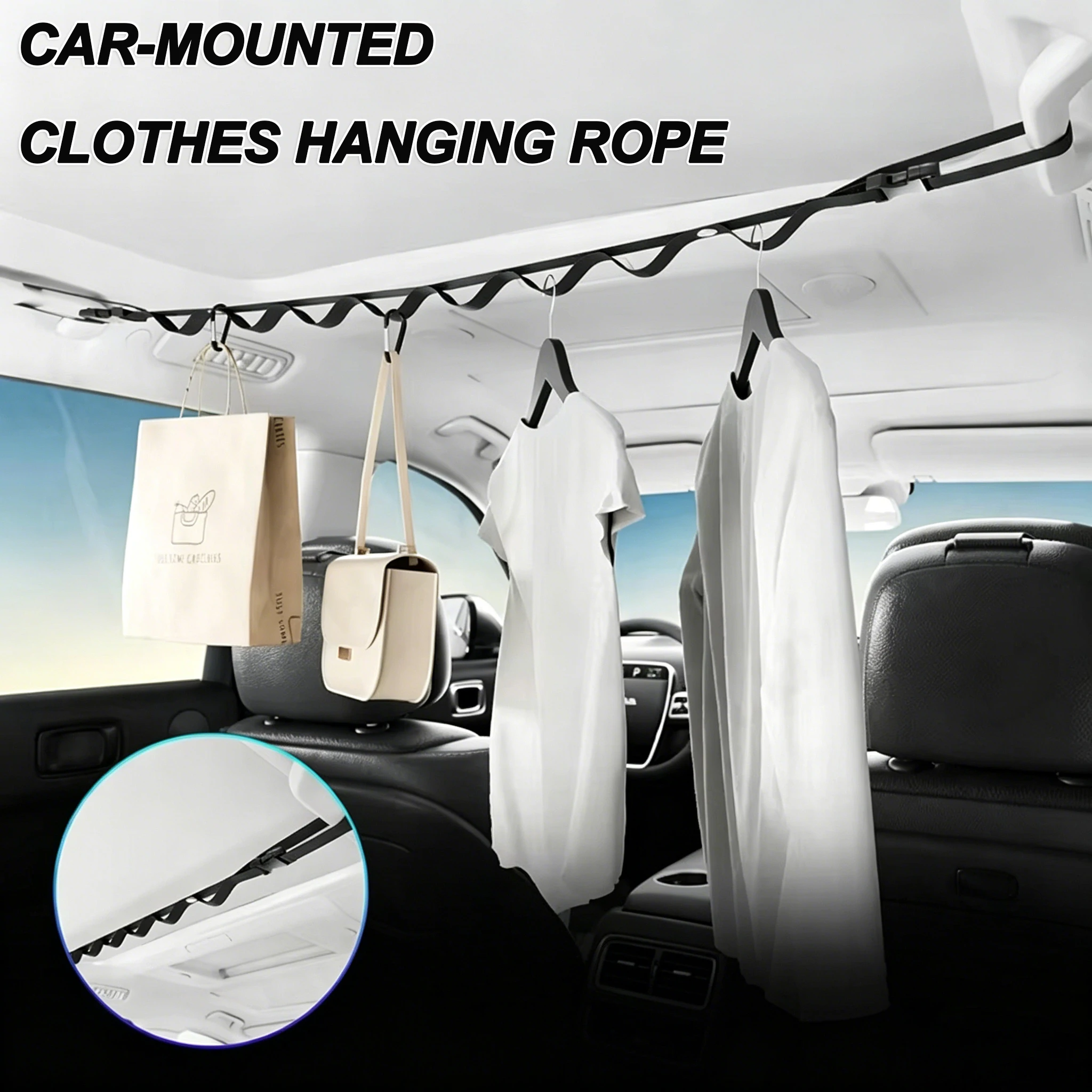 Portable Car Clothes Hanger Rope Large-Bearing Car Clothesline for Rear Seats,Storage and Fixing Hooks,Car Interior Accessories
