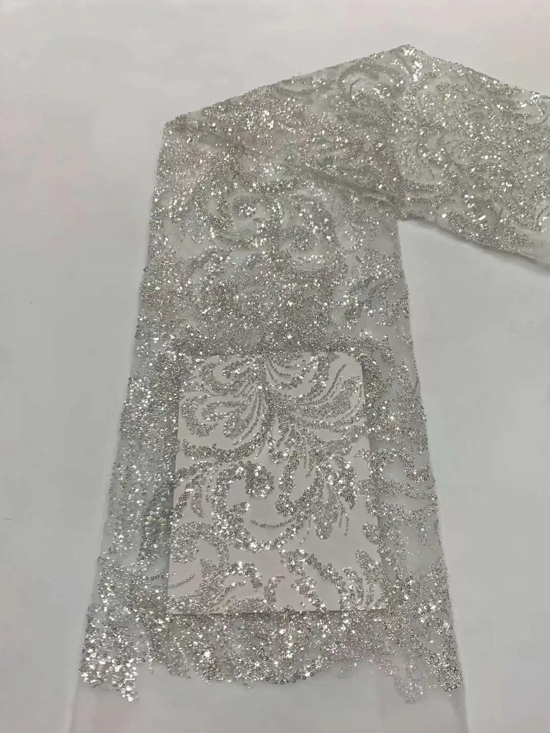 SU new bridal lace fabric silver beading and sequins lace fabric beaded lace fabric 130cm wide lace sell by 5 yard