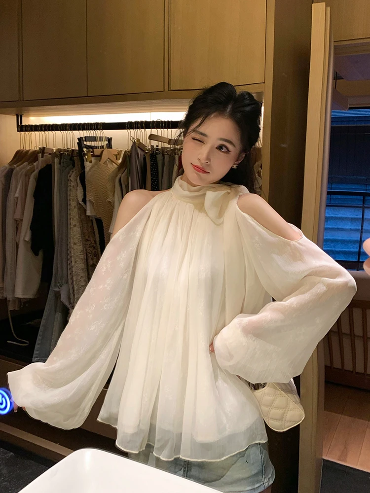 

Женская шифоновая блузка Linyener Notting Evening Breeze с открытыми плечами, двухслойная, с кружевом, свободного кроя, в повседневном стиле, с рукавами-фонариками