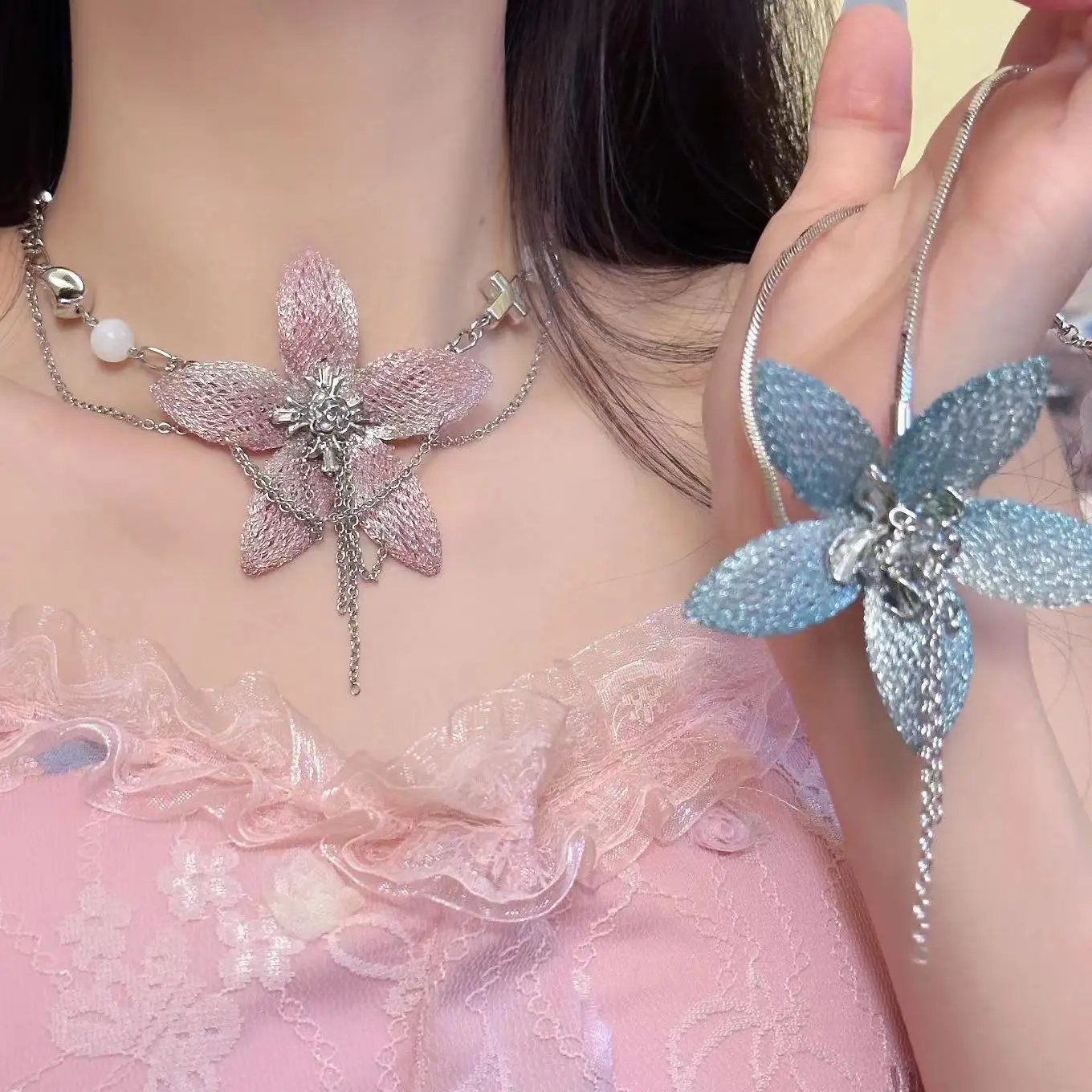 Blue Fine Flash Gradient Flower Tassel Pendant Necklace Temperament Premium Vintage Collarbone Chain Fashion Y2K Jewelry for Wom