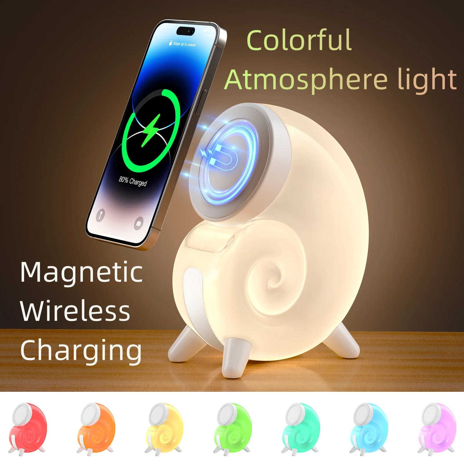 100W Magnetic Suction Wireless Charger Conch Shaped with Colorful Ambient Light Suitable for Apple IPhone 15, 14, 13, 12 Series