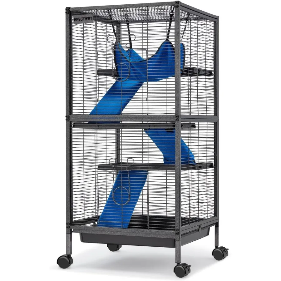 高さ45インチの金属製小型動物ケージ、可動式ベース、取り外し可能なスロープ、チンチラ、モルモット、ウサギ、フェレット用の4段設計