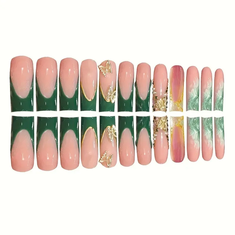 24 stuks stijlvolle 3d gouden vlinder nail art druk op nagels acryl lange vierkante nepnagels set met lijm groene Franse nageltips 2025