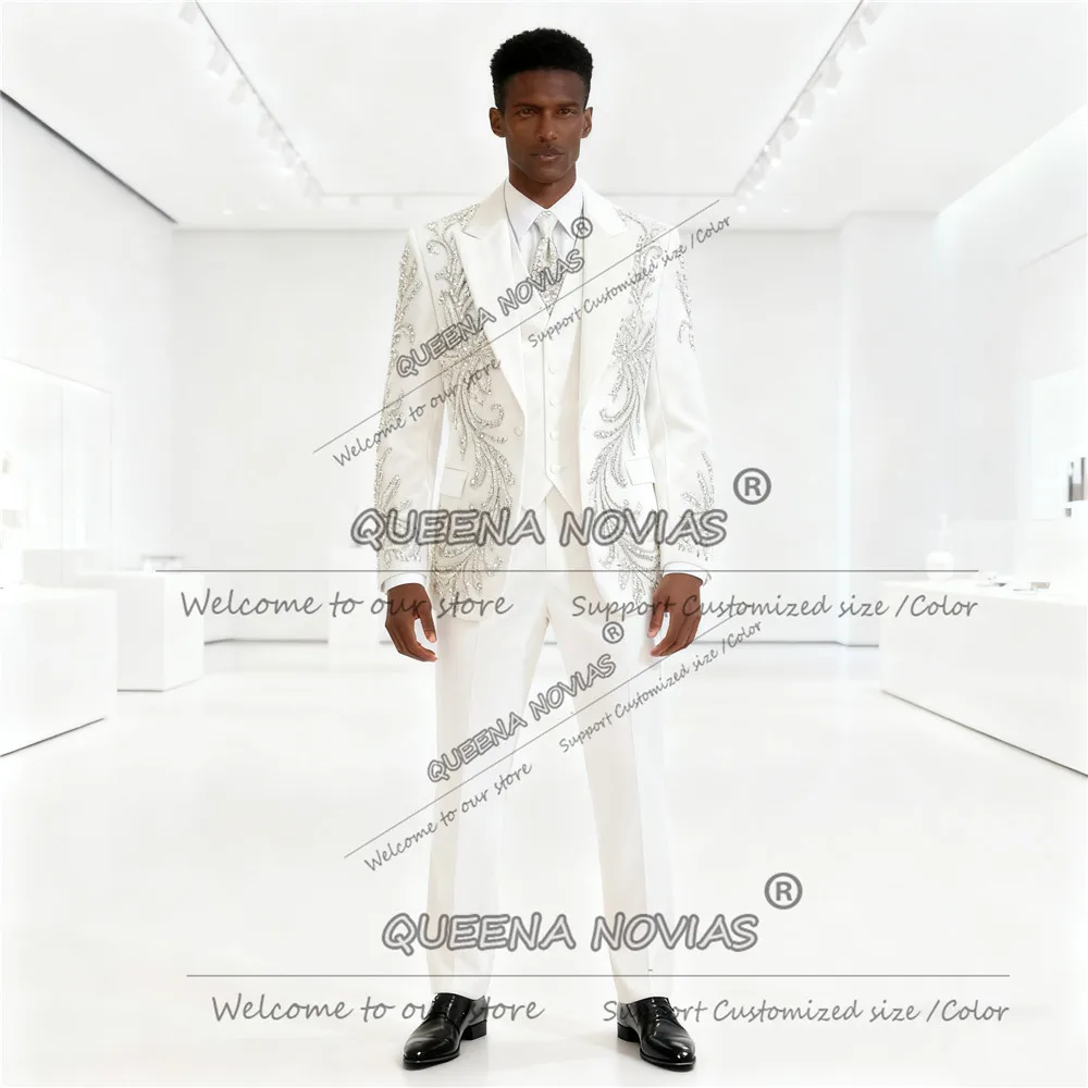 

Мужской костюм с кристаллами и бисером, наряд для свадьбы, индивидуальный приталенный смокинг для жениха, 3-х предметный пиджак с пиковыми лацканами, мужской праздничный костюм Homme