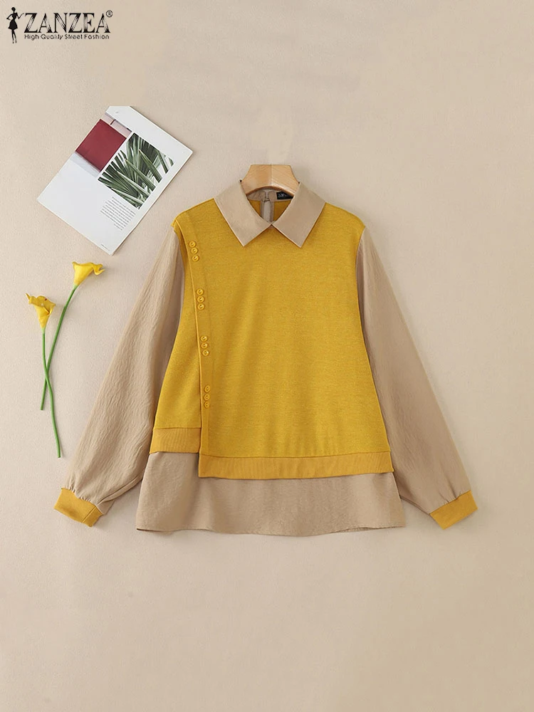 

ZANZEA Casual Loose Lapel Collar Tunics Women Colorblock Shirts 2025 Spring Long Sleeve Blouse Fashion Fake 2PCS Commuting Tops